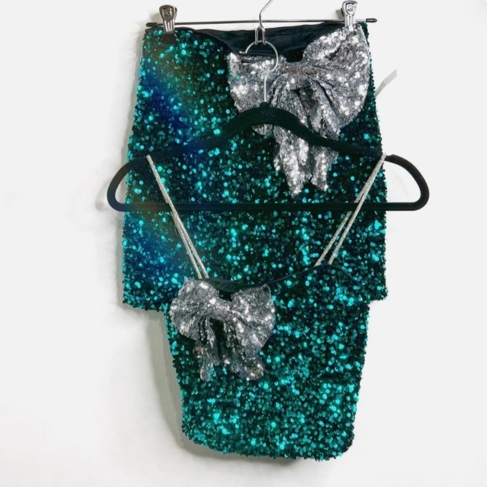Love on a Hanger Teal and Silver Sequin Skirt Set